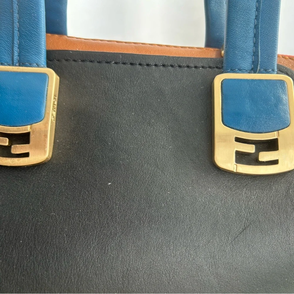 Fendi Black, Brown & Blue Leather Satchel with Gold Hardware - Picture 6 of 11
